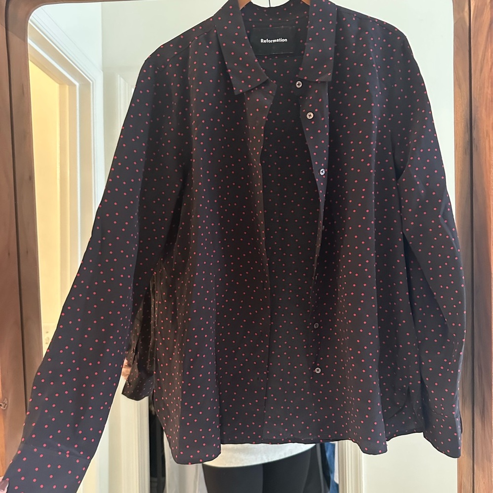 Reformation Silk Polka Dot Button Down, Sz Medium